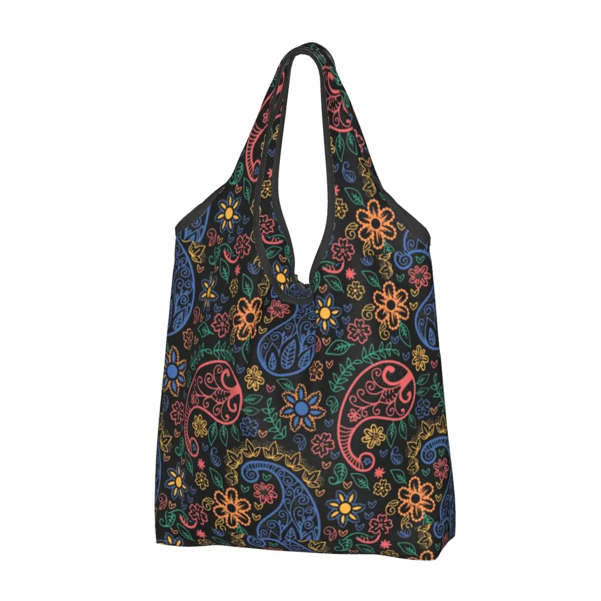 Funny Black Bandana Pattern Shopping Tote Bag Portable Paisley Style Groceries Shopper Shoulder Bag