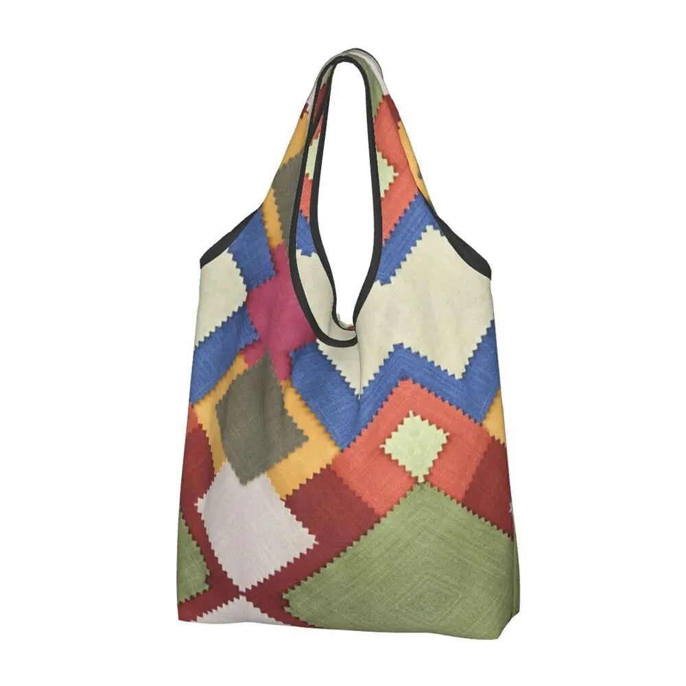 Funny Black Bandana Pattern Shopping Tote Bag Portable Paisley Style Groceries Shopper Shoulder Bag