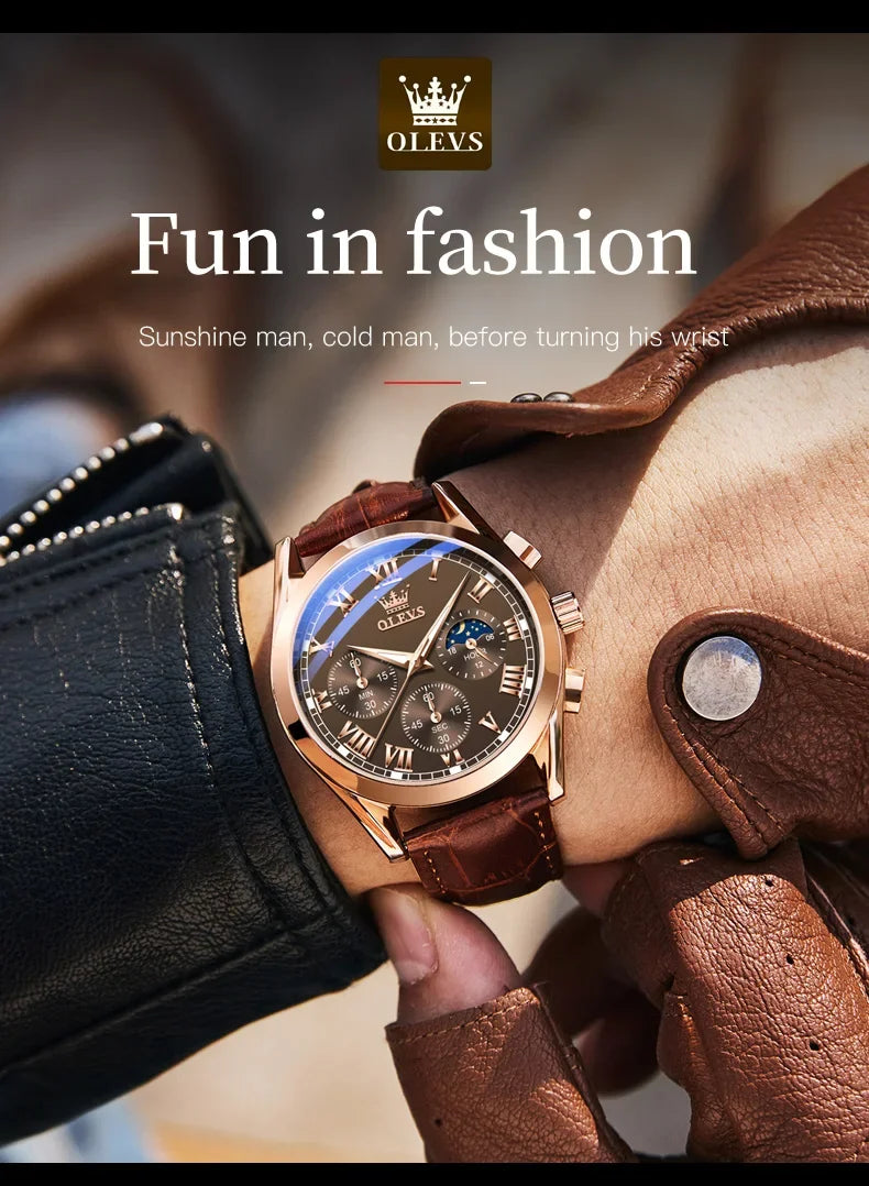 OLEVS 2871 Men Watch Quartz Watch Multifunctional Chronograph Watch Man Waterproof Luminous Moon Phase Watch