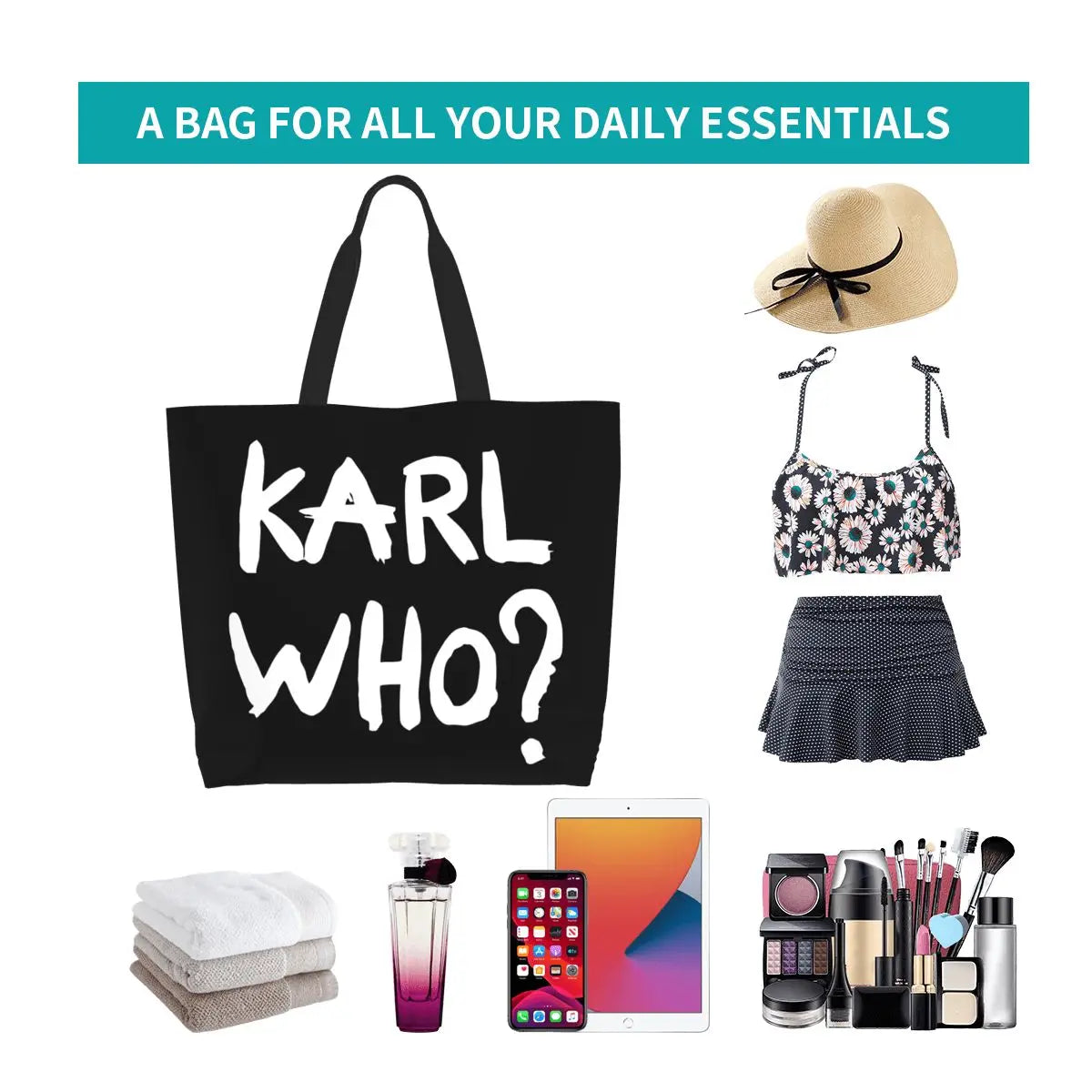 Custom Kawaii Karl Who Slogan Shopping Tote Bags Reusable Canvas Groceries Shopper Shoulder Bag