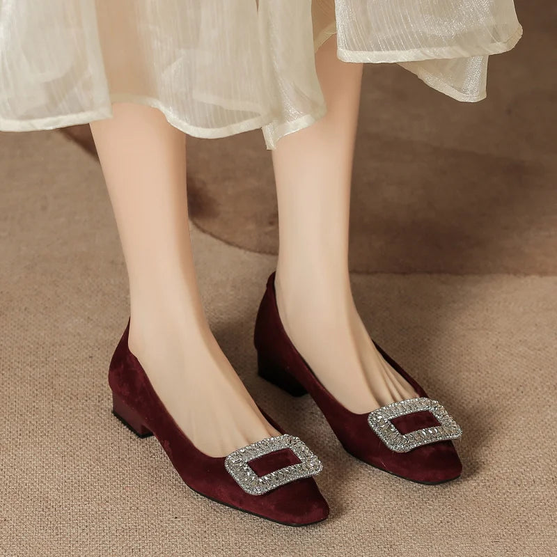 New autumn and winter women's shoes, wedding shoes with rhinestones, women's suede chunky heel shallow soft low-cut daily