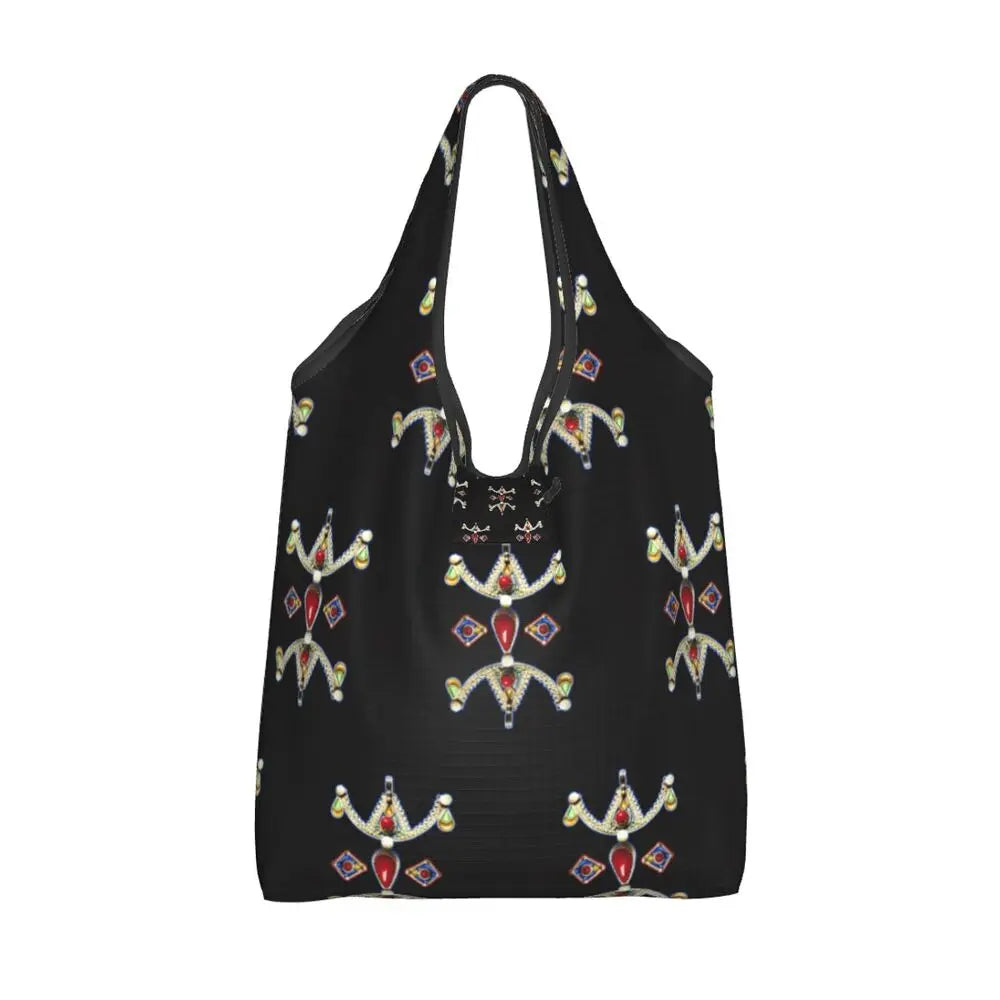 Custom Kabyle Jewelry Shopping Bags Women Portable Large Capacity Groceries Amazigh Carpet Berber Shopper Tote Bags
