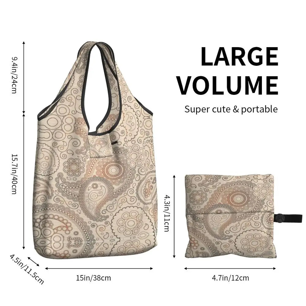 Funny Black Bandana Pattern Shopping Tote Bag Portable Paisley Style Groceries Shopper Shoulder Bag