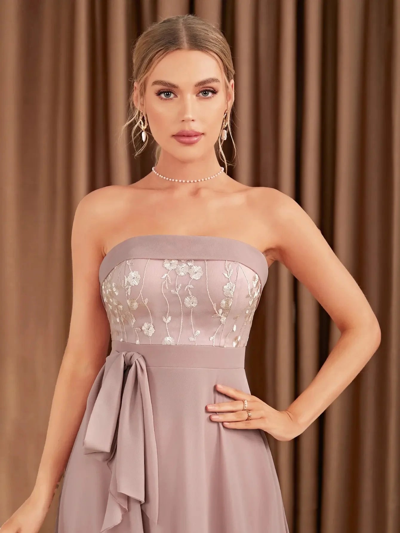 Strapless long dress with front ruffle trim, soft and elegant, showing gentle graceful charm