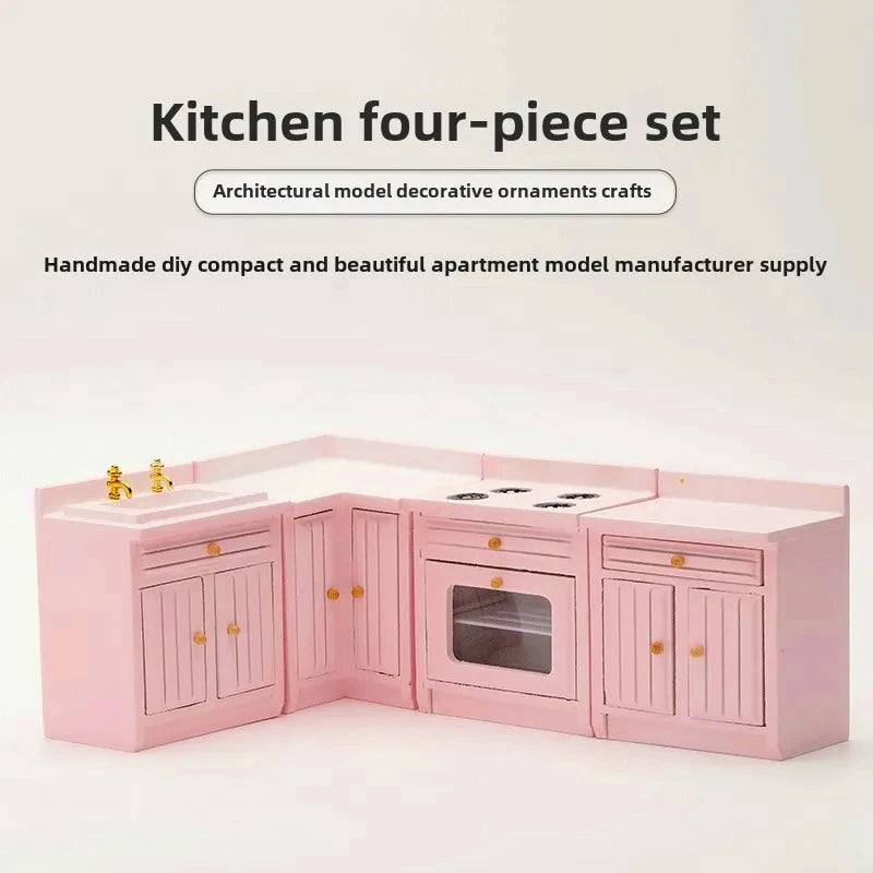 Exquisite 1:12 Miniature Dollhouse Kitchen Cabinet and Sink Set  Cooking Table and Miniature Food Models Birch