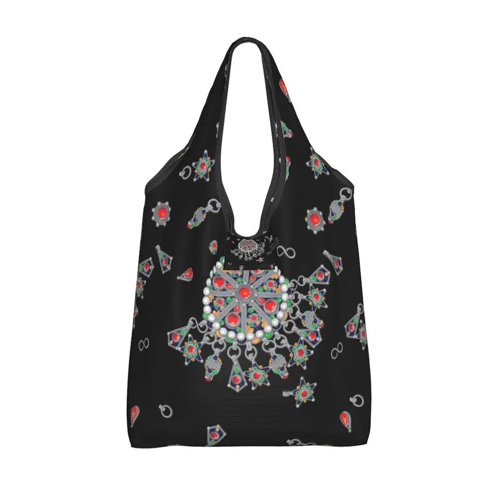 Custom Kabyle Jewelry Shopping Bags Women Portable Large Capacity Groceries Amazigh Carpet Berber Shopper Tote Bags
