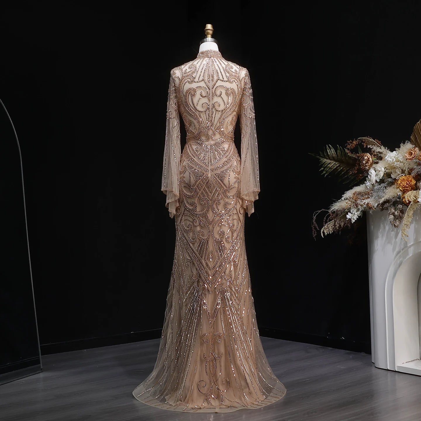 Sharon Said Dubai Black Evening Dress Geometric Beaded Pattern Long Flare Sleeve شارون سعيد Women Formal Prom Gown SS055 Custom