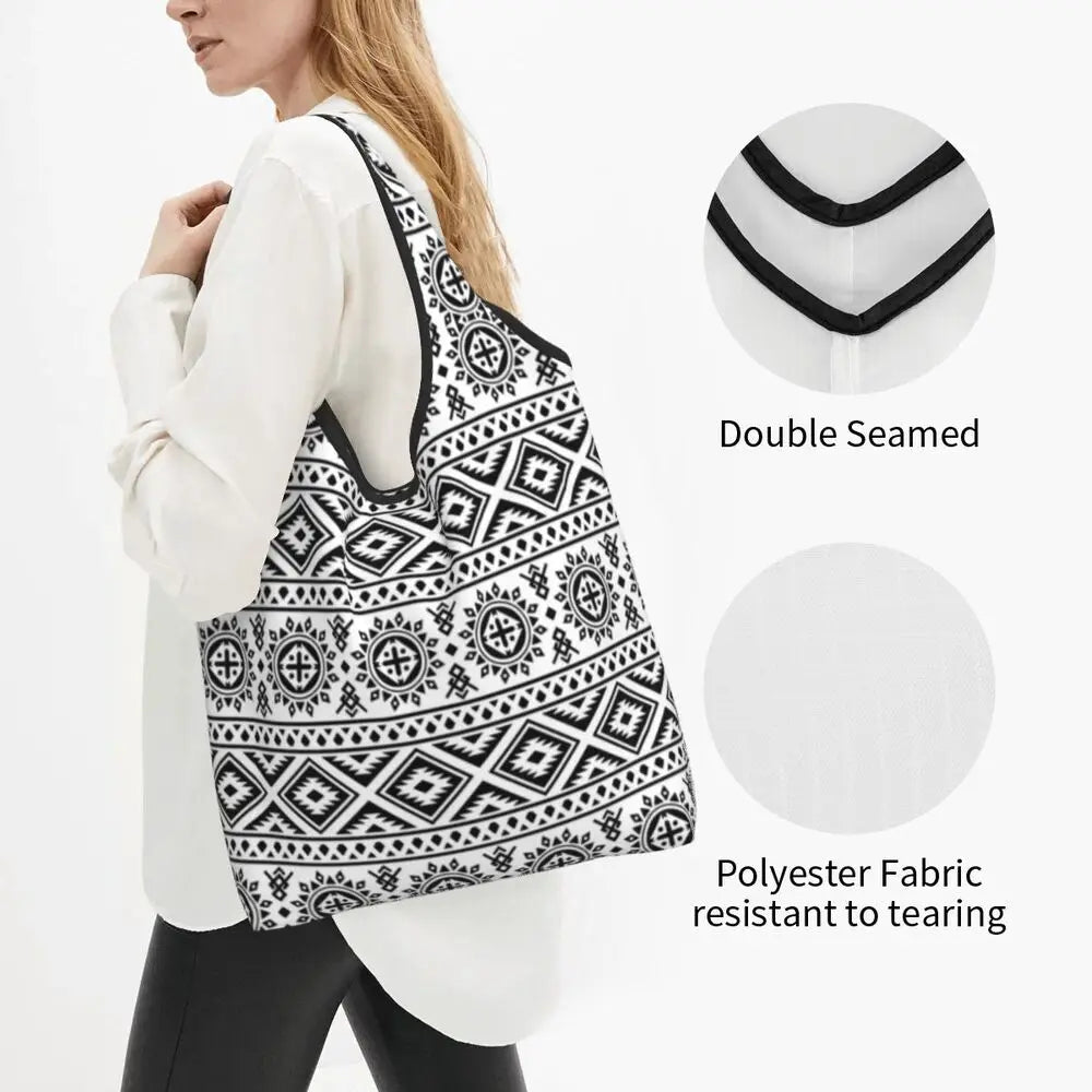 Funny Black Bandana Pattern Shopping Tote Bag Portable Paisley Style Groceries Shopper Shoulder Bag