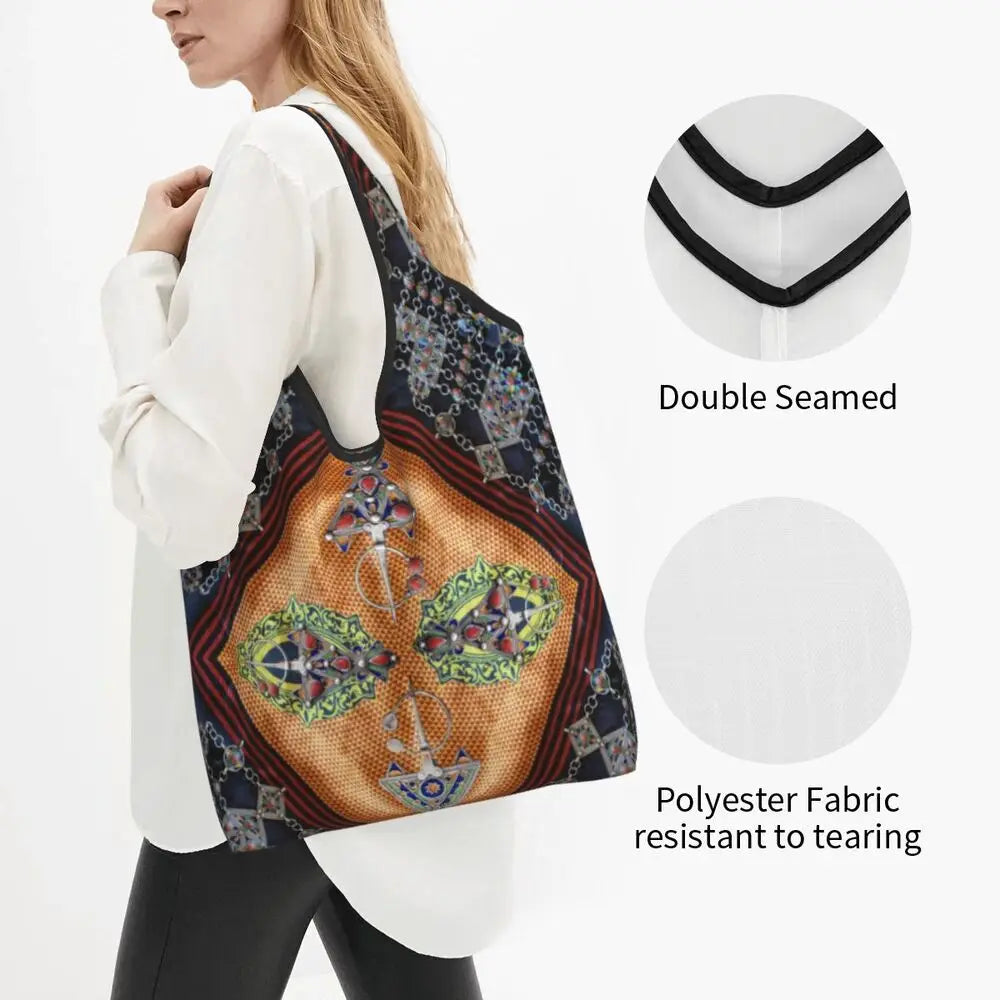 Custom Kabyle Jewelry Shopping Bags Women Portable Large Capacity Groceries Amazigh Carpet Berber Shopper Tote Bags