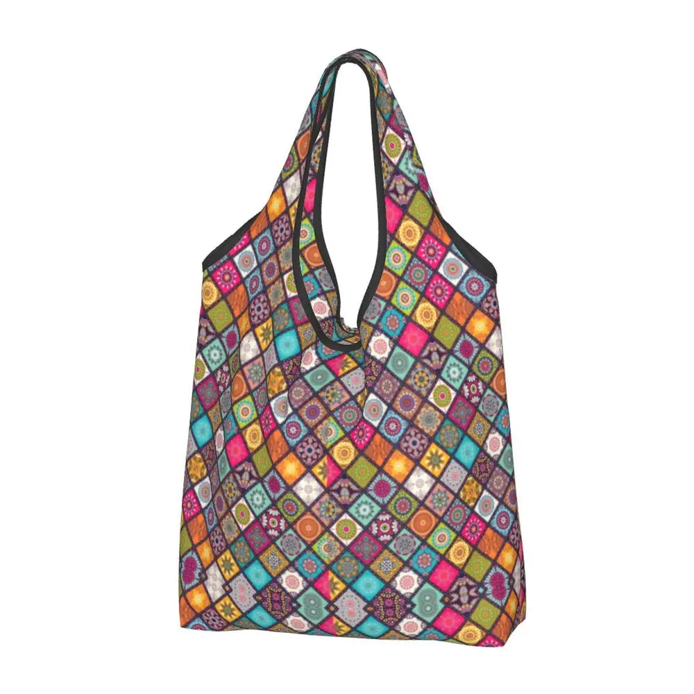 Funny Black Bandana Pattern Shopping Tote Bag Portable Paisley Style Groceries Shopper Shoulder Bag