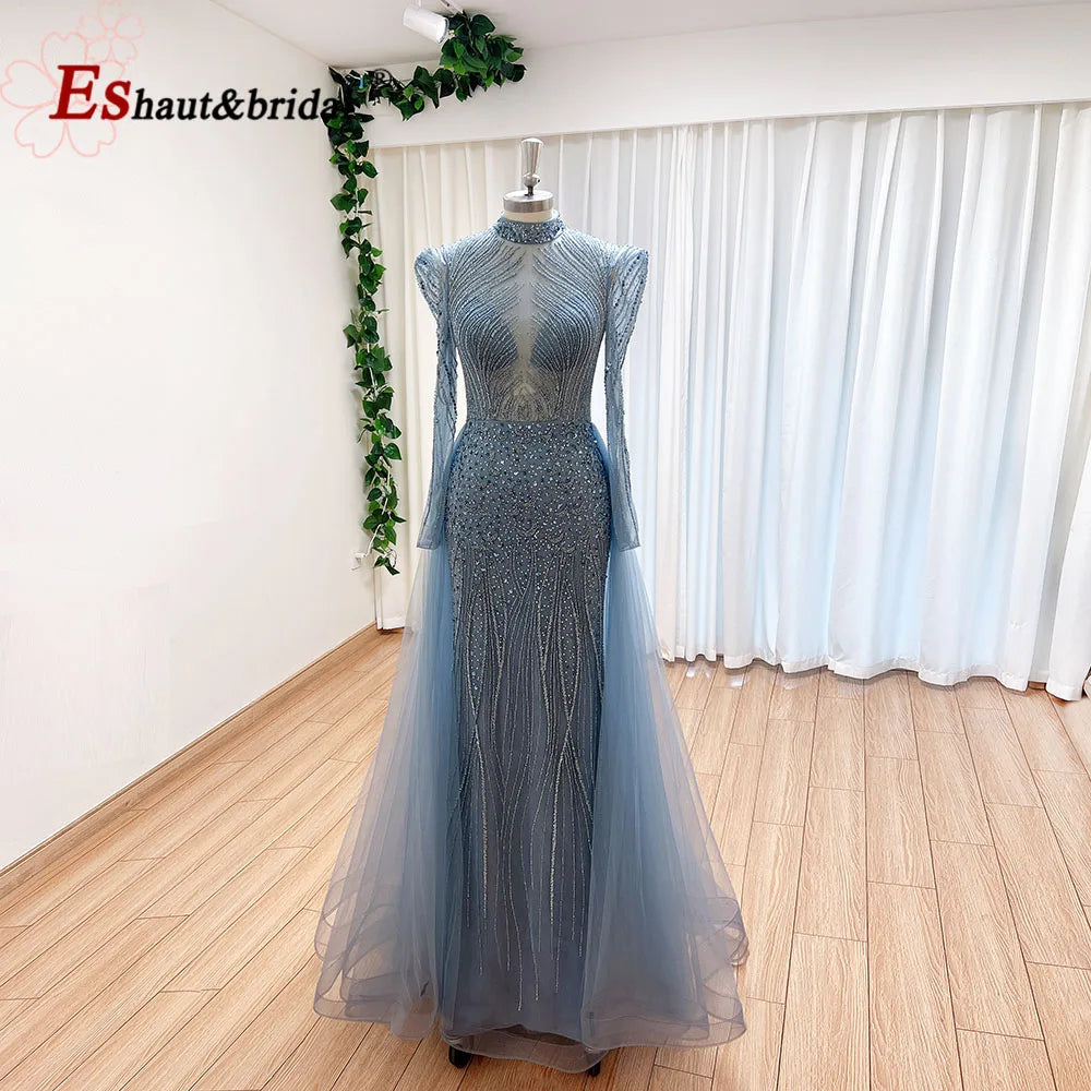 Elegant Muslim Evening Dress for Women 2026 Luxury Dubai High Neck Long Sleeves Beads Formal Prom Wedding Party Gowns Customized