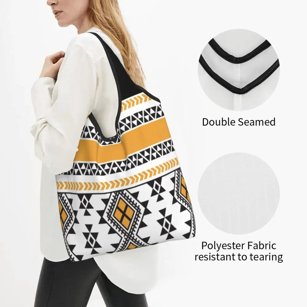 Custom Kabyle Jewelry Shopping Bags Women Portable Large Capacity Groceries Amazigh Carpet Berber Shopper Tote Bags