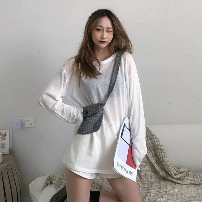 Sheer T-shirts Women Summer Sun-proof Cool Breathable Long Sleeve T Shirt Solid Loose All-match See Through Sun Protection Top