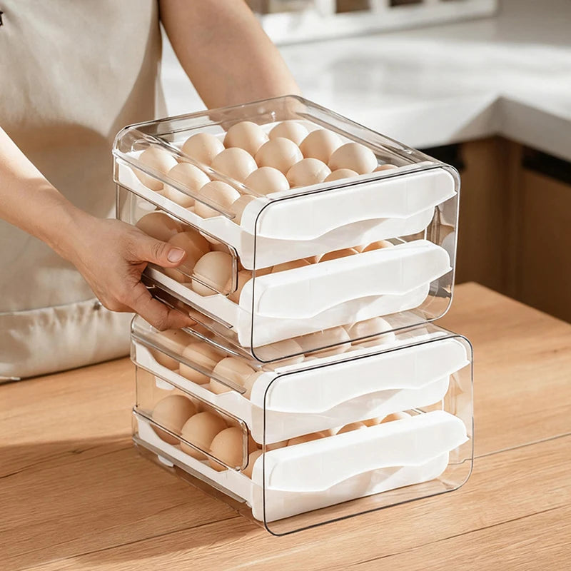 Kitchen Egg Storage Box, Refrigerator Fresh-Keeping 2-Layer Drawer Style Large Capacity Storage, Household Kitchen Storage Box