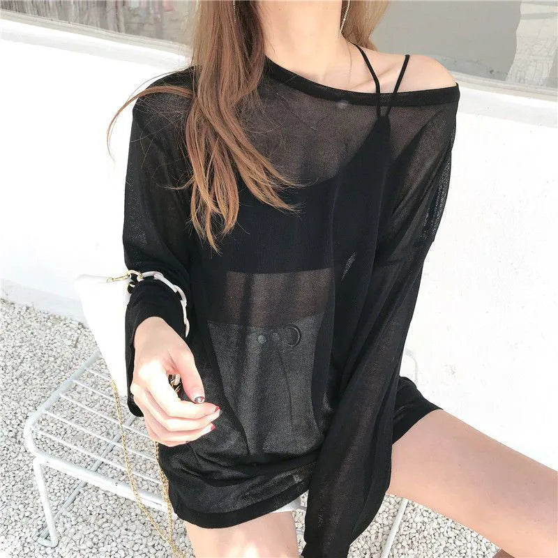 Sheer T-shirts Women Summer Sun-proof Cool Breathable Long Sleeve T Shirt Solid Loose All-match See Through Sun Protection Top