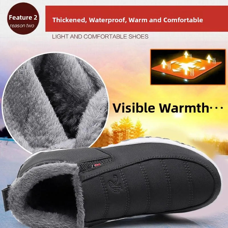 Thickened Fleece Winter Men's Beijing Cloth Shoes Anti-slip Warm Cotton Boots Women's Step-by-step Shoes round Toe Thick Heel