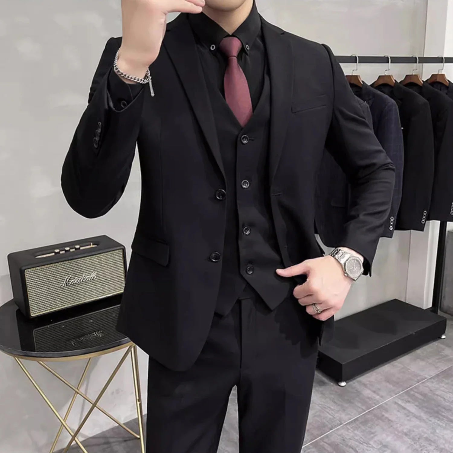 Groom's Wedding Dress ( Jacket + Vest + Pants ) High End Brand Solid Color Men's Casual Business Office Formal Suit 3Pcs Sets