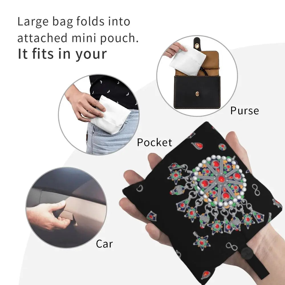 Custom Kabyle Jewelry Shopping Bags Women Portable Large Capacity Groceries Amazigh Carpet Berber Shopper Tote Bags