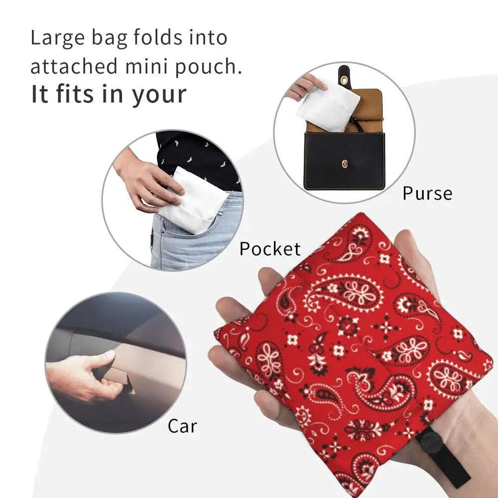 Funny Black Bandana Pattern Shopping Tote Bag Portable Paisley Style Groceries Shopper Shoulder Bag